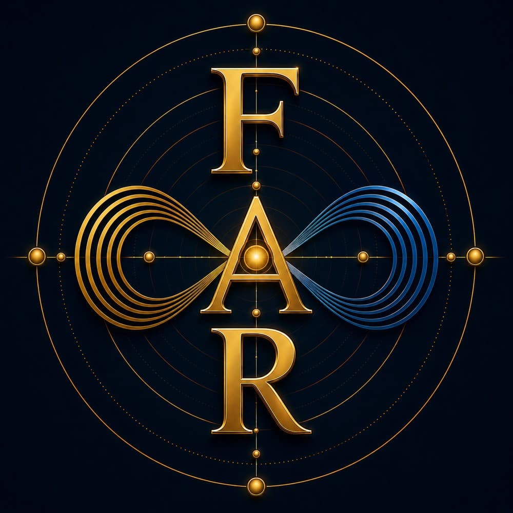 Das FAR-Emblem: Kompass und Lemniskate in Gold und Blau